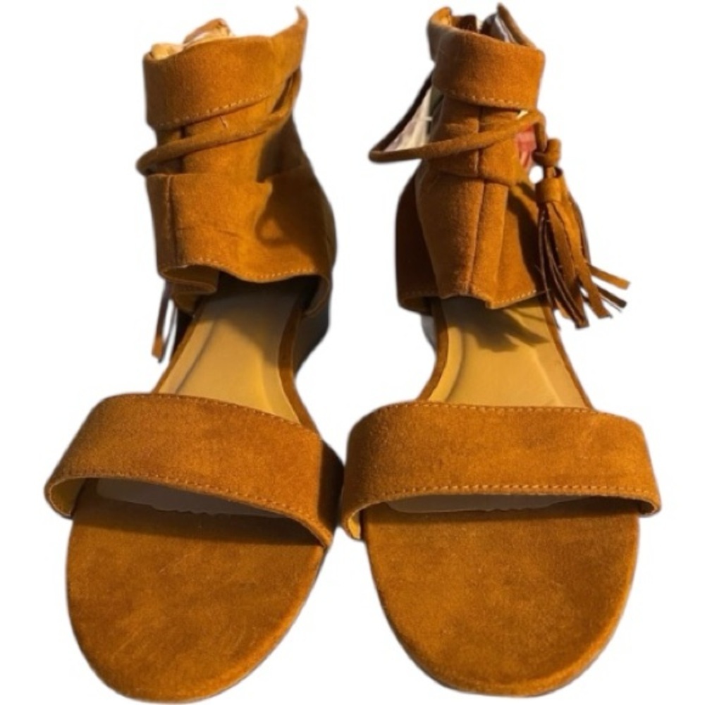 BAMBOO Suede Leather Sandals, Wedges, Open Toe, Slouch, Tassels, Sz 8, EU38